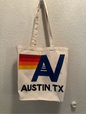 Aviator Nation Austin, TX Canvas Tote Bag in Natural W/ Blue & Multicolor Print
